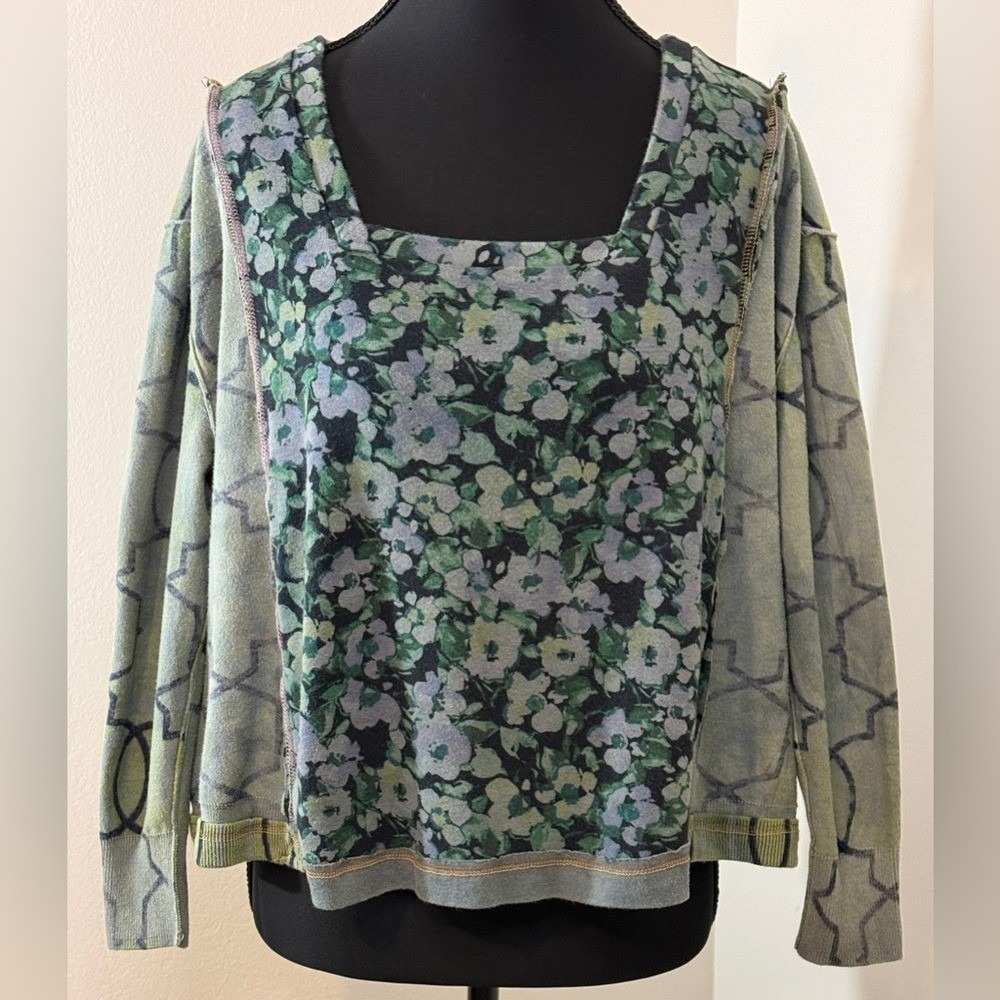 Painted Oyster Handmade Upcycled Floral Patterned Sweater with Geometric Sleeves
